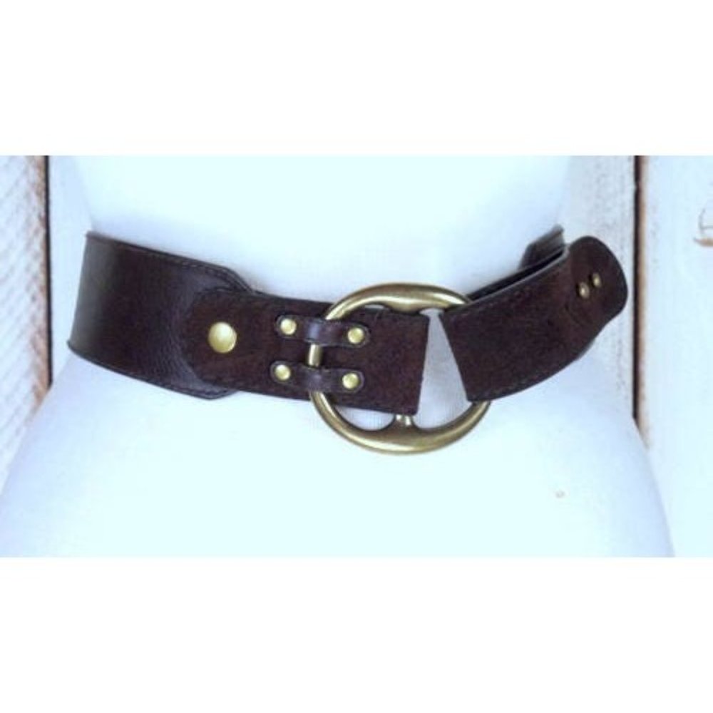 Wide dark brown leather vintage saddle belt/brass metal loop buckle belt - Picture 3 of 5